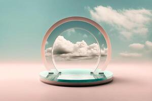 Arched portal podium on fantasy surreal pink background. Pastel gradient cloud sky. illustration photo