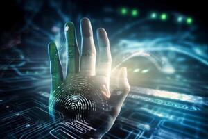 Biometrics identification and cyber security concept. Hand and holographic fingerprint on dark background. illustration photo