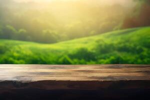 Empty wooden tabletop with green hills background for advertising and presentation. Selective focus on tabletop. illustration photo