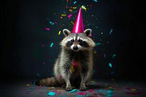 Funny raccoon in pink cap dances in confetti on black background. Festive party concept. photo