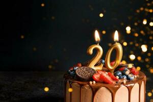 Chocolate birthday cake with berries, cookies and number twenty golden candles on black background, copy space photo