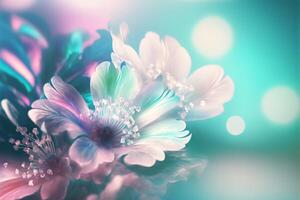 Spring floral gradient background with iridescent surreal flowers, delicate pastel colors. illustration photo