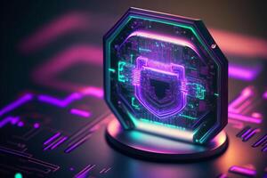 Abstract holographic neon padlock cyber security symbol. Technology network data protection concept. illustration photo