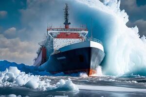 Icebreaker breaks ice hummocks and ice floes in the Arctic Ocean against of dramatic sky. illustration photo