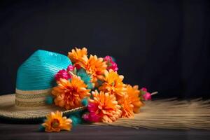 Cinco de Mayo holiday background. Mexican party sombrero hat and flowers on a wooden background. illustration photo