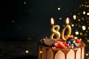 Chocolate birthday cake with berries, cookies and number eighty golden candles on black background, copy space photo