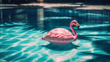 rosado flamenco piscina flotador flotante en un refrescante azul nadando piscina en tropical complejo. generativo ai ilustración foto