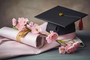 Graduate cap, apple branch and academic books. Study, education, university, college, graduate concept. illustration photo