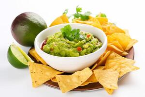 Guacamole dip with tortilla chips or nachos. illustration photo