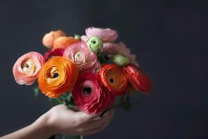 Female hand holds beautiful bouquet of ranunculus. Mothers day, holiday decor, Flower delivery concept. illustration photo