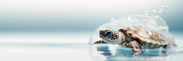 Tortuga en el plastico bolsa. platic contaminación problema. ambiente concepto. proteger tortugas generativo ai ilustración foto