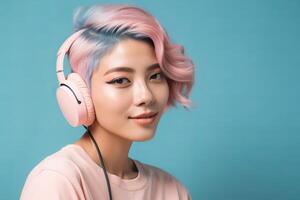 Dreaming asian woman with light pink hair listens song in headphones. illustration photo