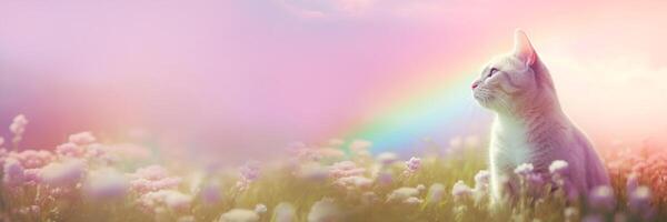 Banner with Cute pet cat goes to rainbow. Metaphor for pet's departure to afterlife. illustration photo