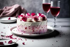 Heart cake for St. Valentines Day, Mothers Day or Birthday, decorated with roses. Valentine's Day with love. illustration photo