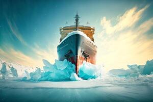 Icebreaker breaks ice hummocks and ice floes in the Arctic Ocean against of dramatic sky. illustration photo