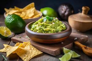 Guacamole dip with tortilla chips or nachos. illustration photo