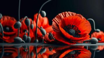 rojo amapolas como un símbolo de memoria para el caído en el guerra. cinco días, mundo guerra remembranza día. generativo ai ilustración foto