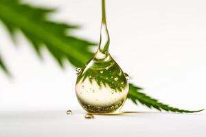 Cannabis extract oil drop and hemp leaf on white background. illustration photo