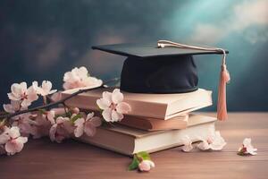Graduate cap, apple branch and academic books. Study, education, university, college, graduate concept. illustration photo