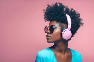 Black woman with light pink afro hair listens song in headphones. illustration photo