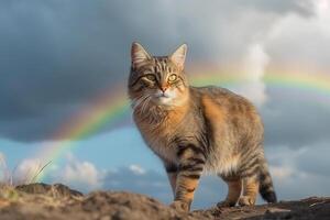 Cute pet cat goes to rainbow. Metaphor for pet's departure to afterlife. illustration photo