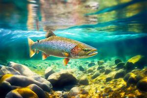 arco iris trucha nada en el agua columna en un montaña río. salvaje pescado pescar concepto. generativo ai ilustración foto