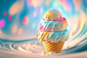 Rainbow Ice Cream Cone close-up on a fantasy background. illustration photo