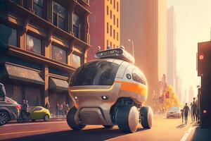 Small yellow robot taxi rides along big city street. Artificial intelligence controls the car. illustration photo