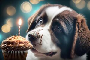 Cute dog celebrates birthday with cupcake on festive bokeh background. illustration photo