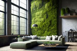 Modern living loft room interior with couch against moss wall. Biophilic design. illustration photo