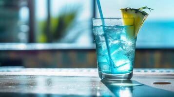 Blue cocktail with ice against the backdrop of beautiful tropical scenery. illustration photo