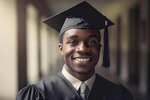 retrato de negro americano joven hombre vistiendo un graduación gorra. estudiar, educación, graduado concepto. generativo ai ilustración foto