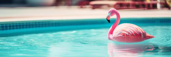 rosado flamenco piscina flotador flotante en un refrescante azul nadando piscina en tropical complejo. generativo ai ilustración foto