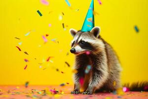 Funny raccoon in turquoise cap dances in confetti on yellow background. Festive party concept. photo