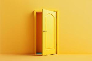 Open yellow door on yellow background. Creative concept of accessibility, choice, exit. illustration photo