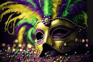 Gold, purple and green glittery mardi gras mask on shining bokeh background. illustration photo