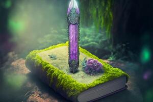 Ritual crystal amethyst dagger and magic book. Magic and sorcery. illustration photo