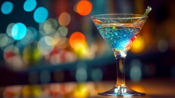 Refreshing blue cocktail with bubbles on blurred bokeh background. illustration photo