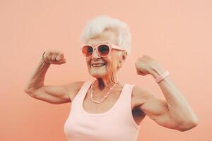 Old funny positive woman doing sports on pink background. Active lifestyle concept. illustration photo