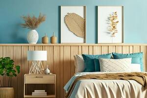 Bedroom interior mockup with blue wall and wooden furniture. illustration photo