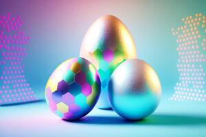 Holographic metallic painted eggs on a gradient background. Easter minimal composition. illustration photo