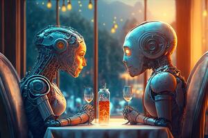 couple of lovers humanoid robots on a romantic date. Valentine's Day with love. illustration photo