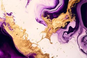 fluido Arte. líquido púrpura y oro metálico resumen gotea y ola. generativo ai ilustración foto