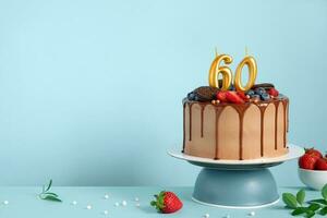 Chocolate birthday cake with berries, cookies and number sixty golden candles on blue wall background, copy space photo