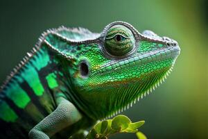 Close-up portrait of a chameleon with bright exotic skin in green colors. illustration photo