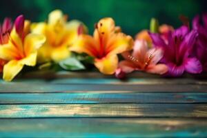 Empty wooden tabletop with colorful flowers background for advertising and presentation. Selective focus on tabletop. illustration photo
