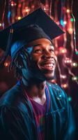 Portrait of black american young man wearing a graduation cap dancing at the party. Festive bokeh background. illustration photo