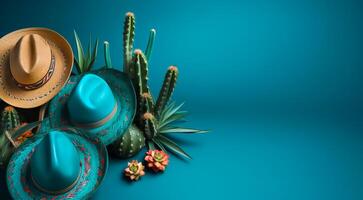 Cinco de Mayo holiday background. Mexican party sombrero hats and cacti on turquoise background. illustration photo