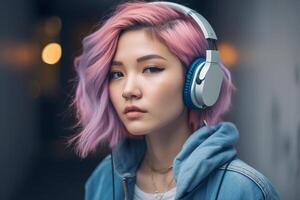 Dreaming Lonely asian woman with light pink hair listens song in headphones. illustration photo