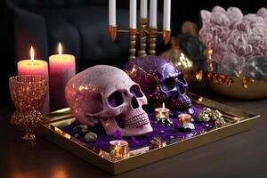 Magic purple gemstones and skull for esoteric spiritual practice, Healing Crystal Ritual, Witchcraft, future predictions. illustration photo